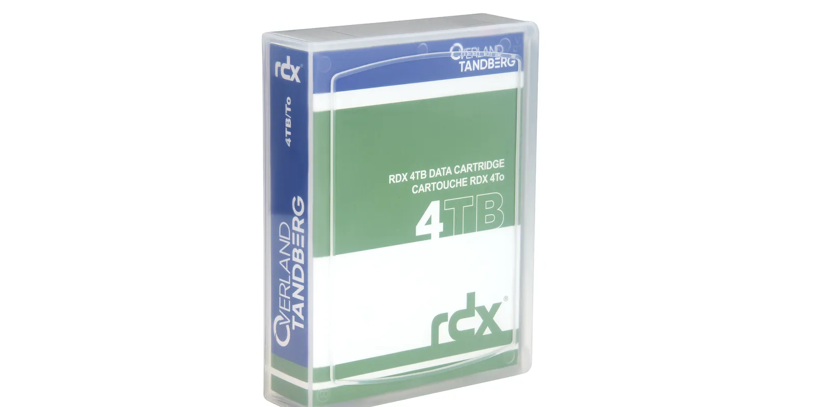 Cartouche de données RDX 4 To dans un boîtier en plastique transparent, avec un design vert et blanc.