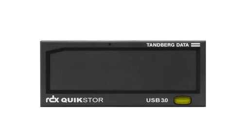 Lecteur de cartouche Tandberg Data RDX QuikStor noir avec port USB 3.0 et bouton jaune sur fond blanc.